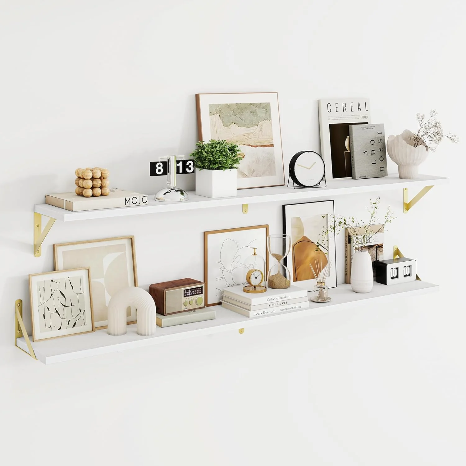 Elegant Dreamland 8 inch Deep Floating Shelves for Wall 55 inch Long White Wall Mounted Shelves Set of 2 Luxury