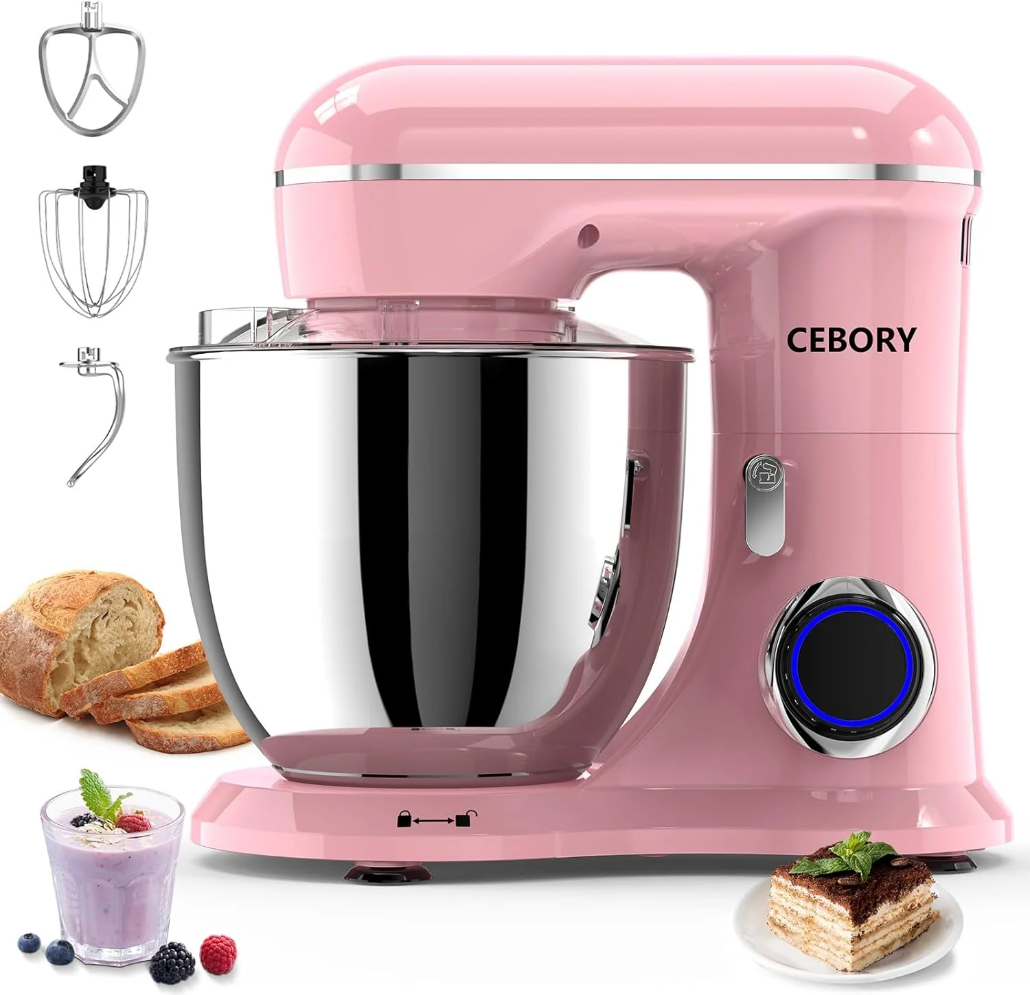 Long-Lasting 3-IN-1 Electric Stand Mixer 6.5QT Bowl 660W 10-Speed Kitchen Mixer Household Food Mixers include Dough Hook Beater and Whisk Bread Cake Mixer for Baking and Most Home Cooks Pink High-Grade