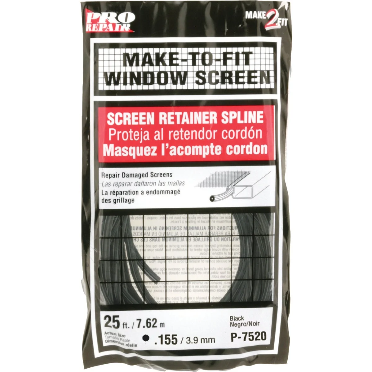 Eco-Friendly Prime-Line 0.155 In. Dia. x 25 Ft. L. Black Vinyl Screen Retainer Spline Lightweight