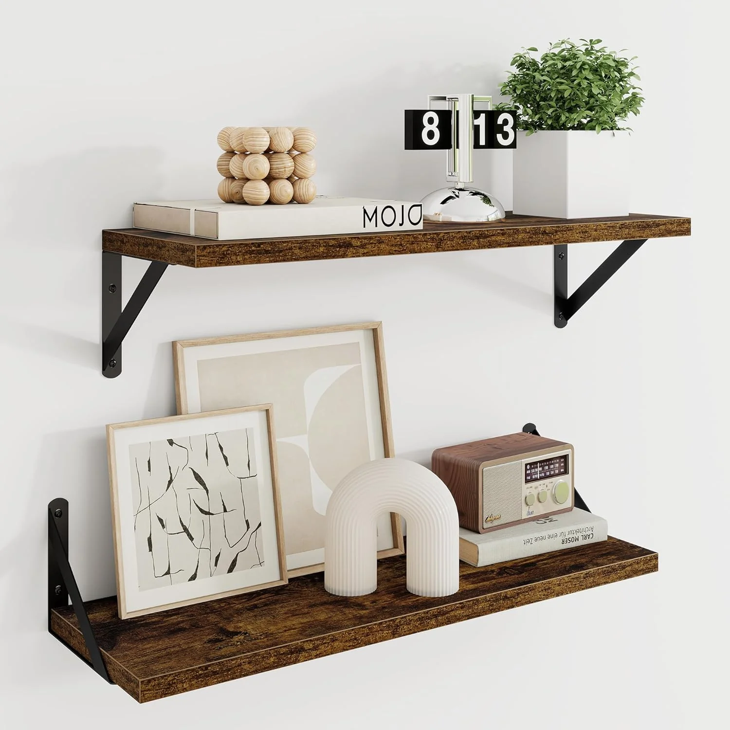 Premium Material Dreamland Dark Brown Floating Shelves 24W x 8D Wall Mounted Shelves Set of 2 Wide Display Ledge Shelf with Sturdy Metal Brackets for Living Room Artisan