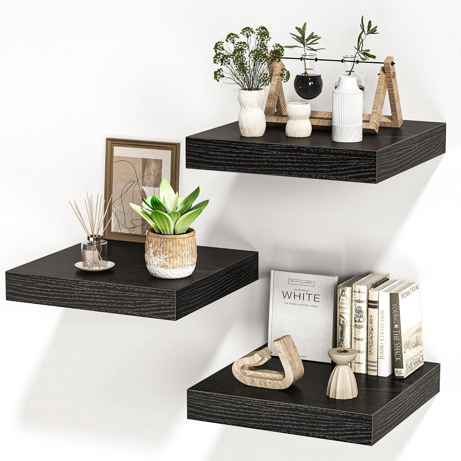 Soft FLYJOE Square Floating Shelves for Wall 12 W x 12 D x 1.4 H Small Wooden Wall Mounted Display Shelves with Invisible Brackets for Living Room Bedroom Bathroom Kitchen Decor Set of 3 Black Relaxed