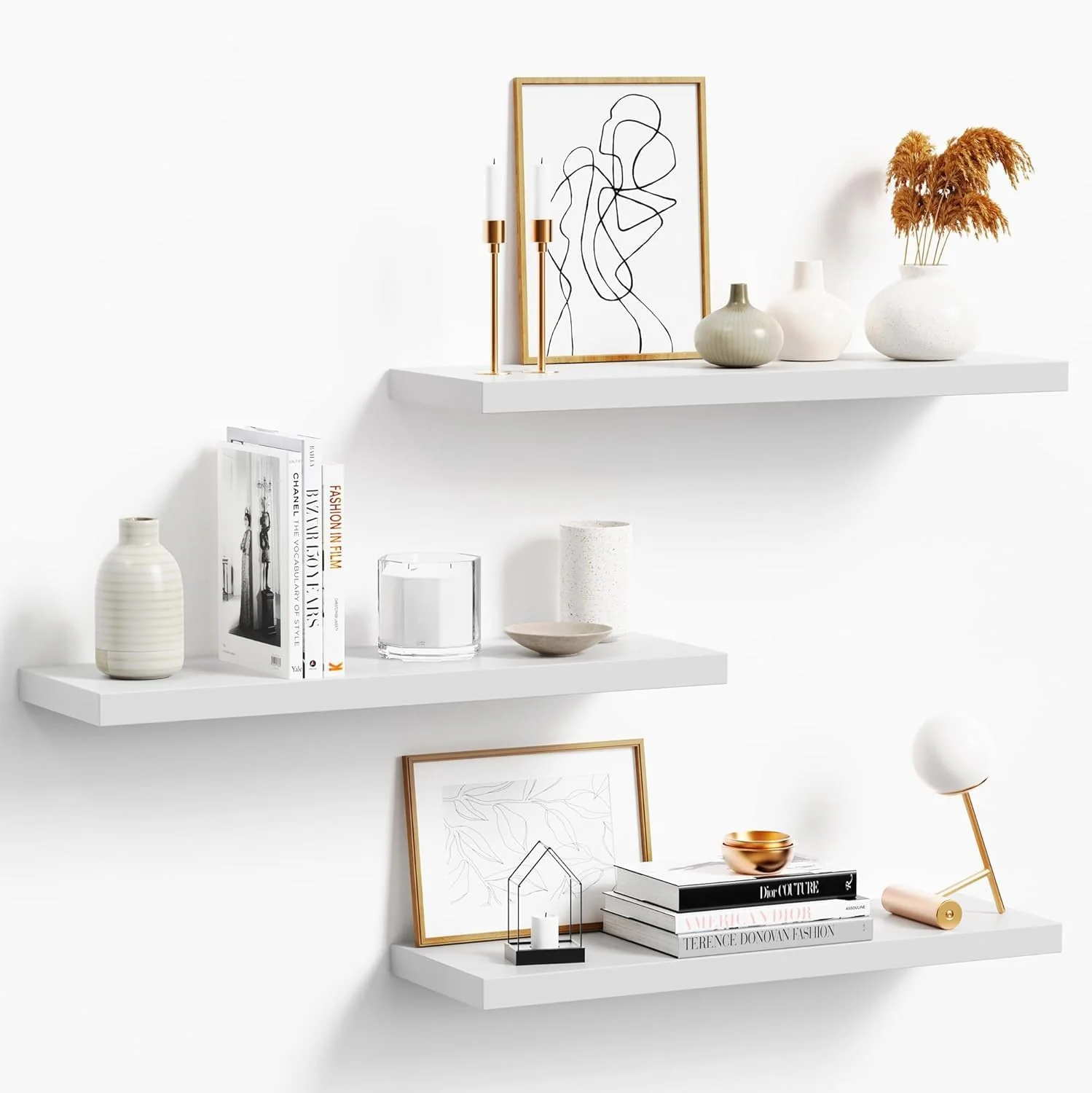 Premium 3-Pack 24 White Modern Wooden Floating Shelves Wall Mounted Set of 3 6.7 W x 24 L x 1 H 25lbs Load Capacity Each for Bathroom Kitchen Living Room Bedroom Powerful