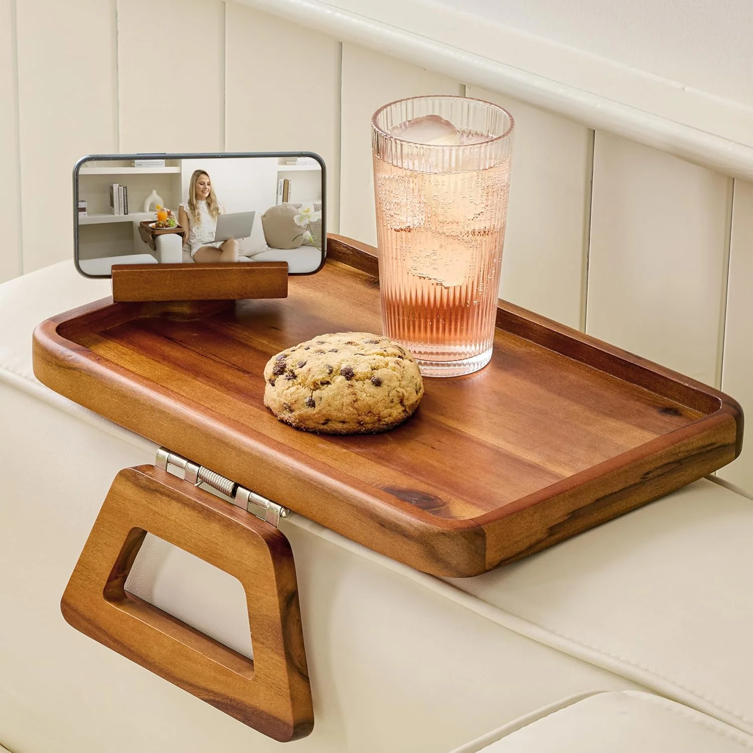 Secure Tinamo Acacia Wood Sofa Armrest Tray with Phone Holder – Large Sofa Arm Tray Table Clip – Couch Arm Table for Wide Couches Eco-Friendly