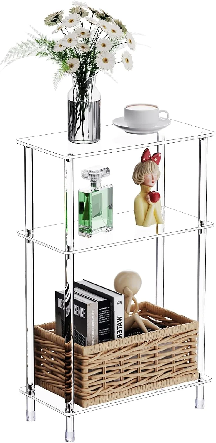 Dependable Clear Acrylic Narrow Side Table for Small Spaces 15.7 L x 7.87 W x 24.6 H 3 Tier Rectangle Slim End Table Nightstand Small Skinny Bedside Table for Living Room Bedroom Bathroom Carefully Designed