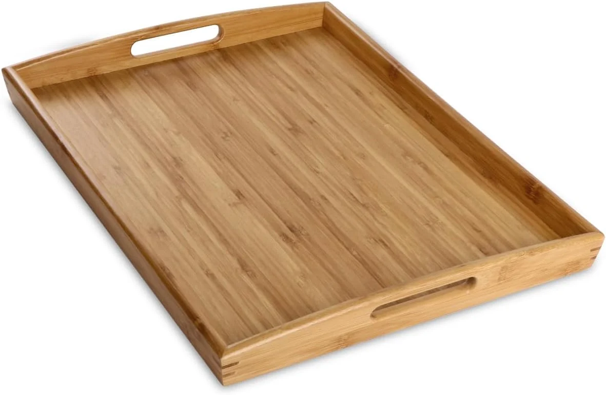 Pure Joy amp Grace Bamboo Serving Tray with Handles 16.8 x 12.5 inch Dinner Food Tray for Bed Breakfast Eating Serving Tray for Coffee Table Ottoman TV Decorative Wood Charcuterie Platter Refined
