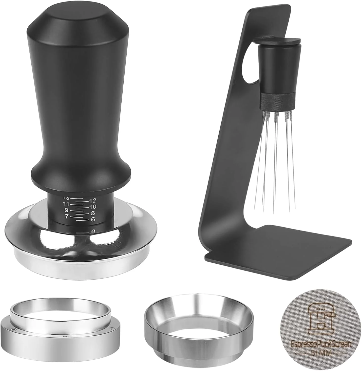Original 51mm Espresso Tamper Kit – Dual-Spring Calibrated Coffee Tamper 8-Needle WDT Tool Espresso Distribution Tool Magnetic Aluminum Dosing Funnel Excellent
