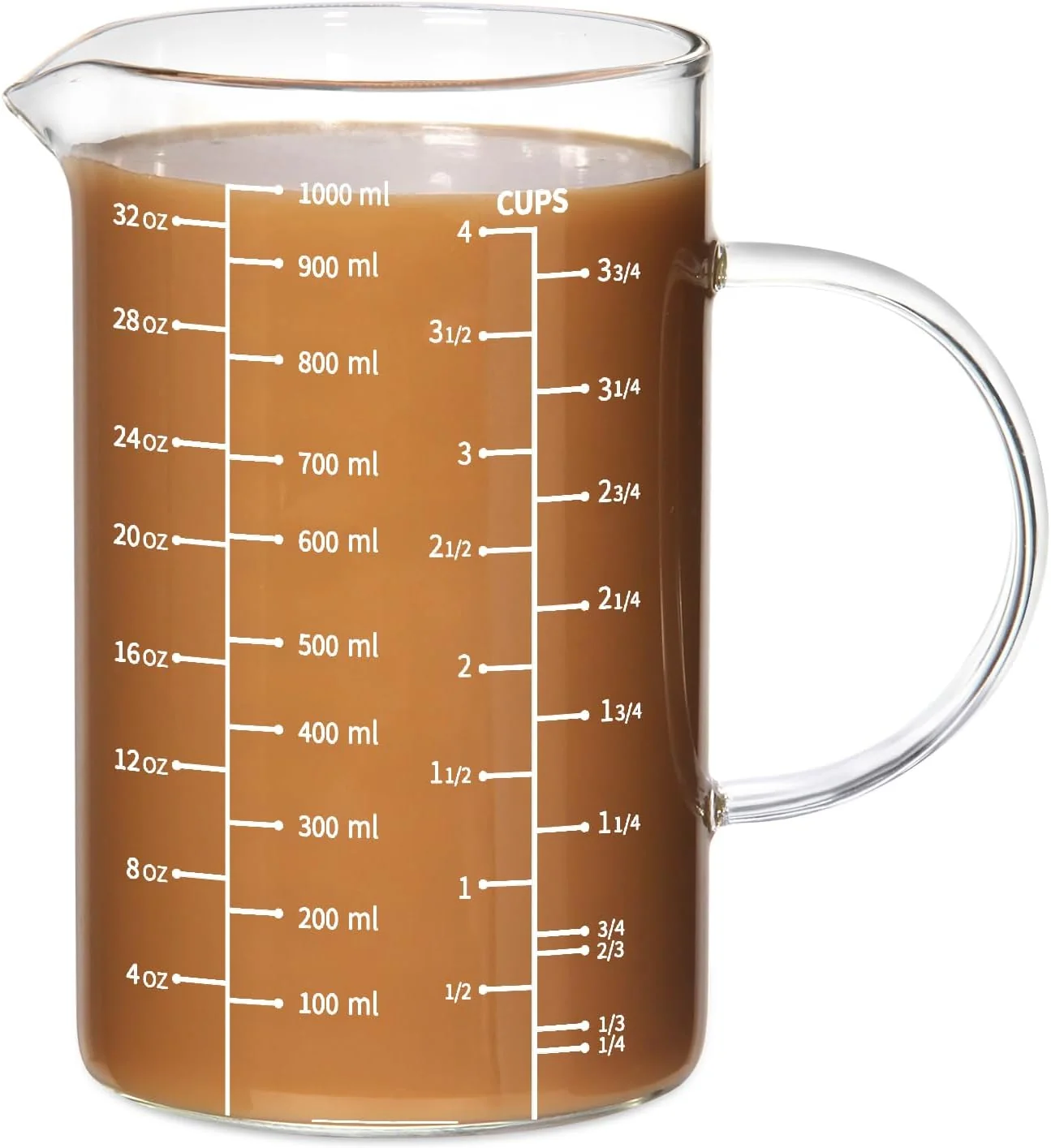 Enhanced 77L 4 Cup Glass Measuring Cup Insulated handle V-Shaped Spout High Borosilicate Glass Measuring Cup for Kitchen or Restaurant Easy To Read 1000 ML 1 Liter 4 Cup Professional