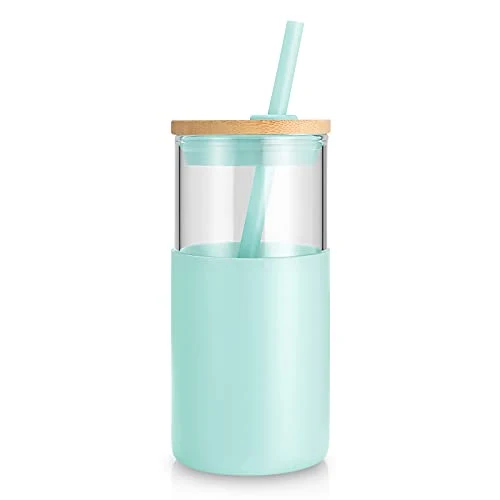 Sophisticated 16 oz Glass Tumbler with Lids and Straws Premium