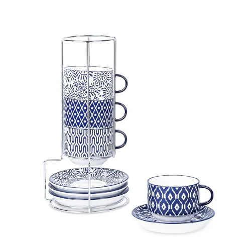 Secure Ceramic Cappuccino Cups with Saucers and Metal Stand 4 Count High-Quality
