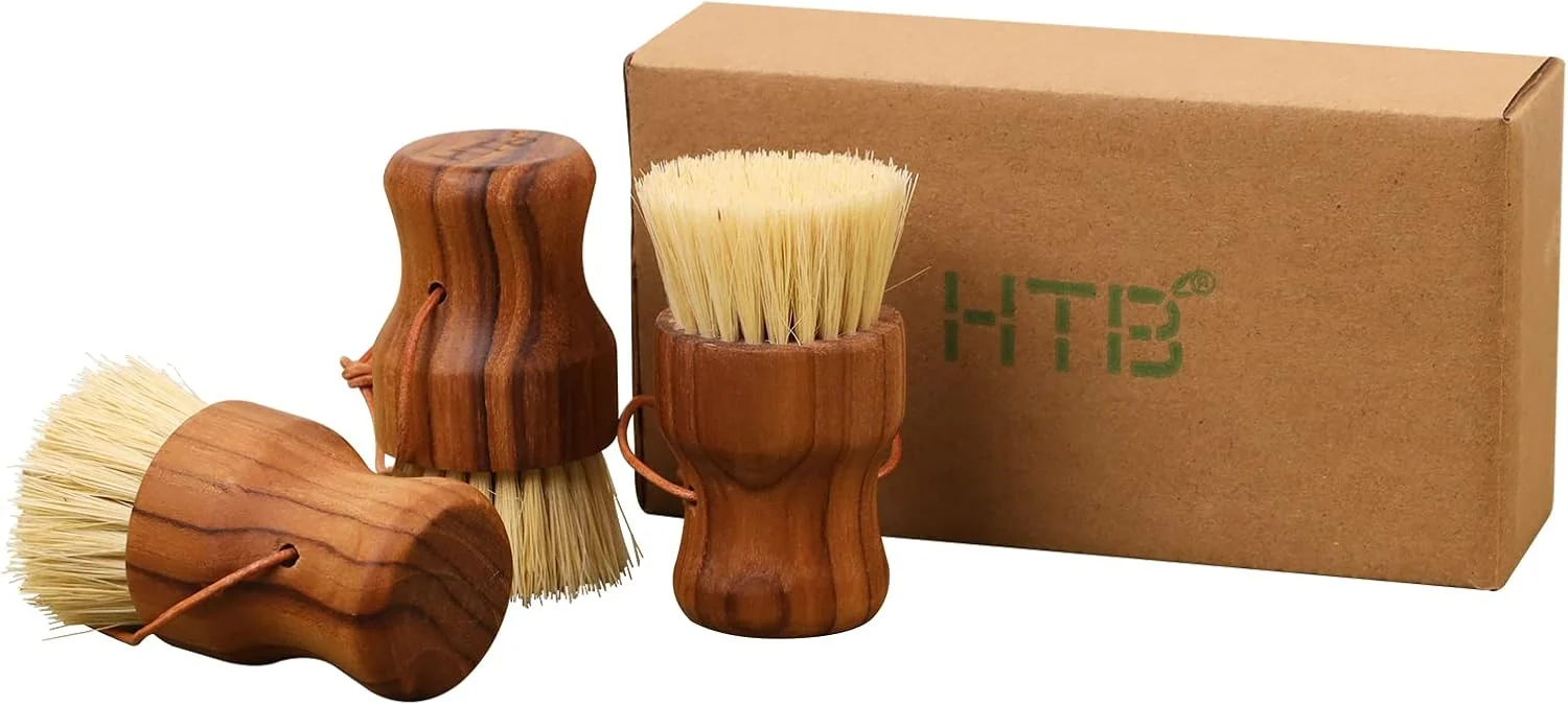 Safe Teak Dish Scrub Brush 3PCS by HTB Good Grip Small Wooden Dish Brush with Teak Handle Sisal Bristles for Kitchen Environmentally Friendly