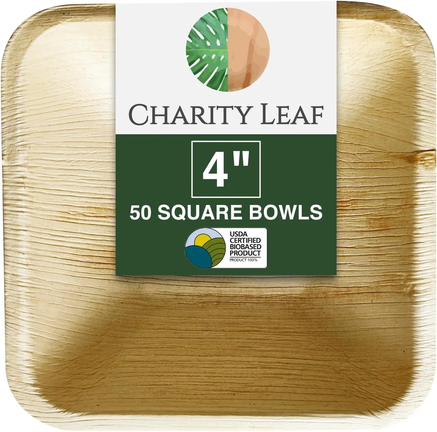Reusable Charity Leaf Disposable Palm Leaf 4 Square Bowl 50 pcs Dipping Bowls Bamboo Like All Natural and Biodegradable Charcuterie Boards BBQs Green