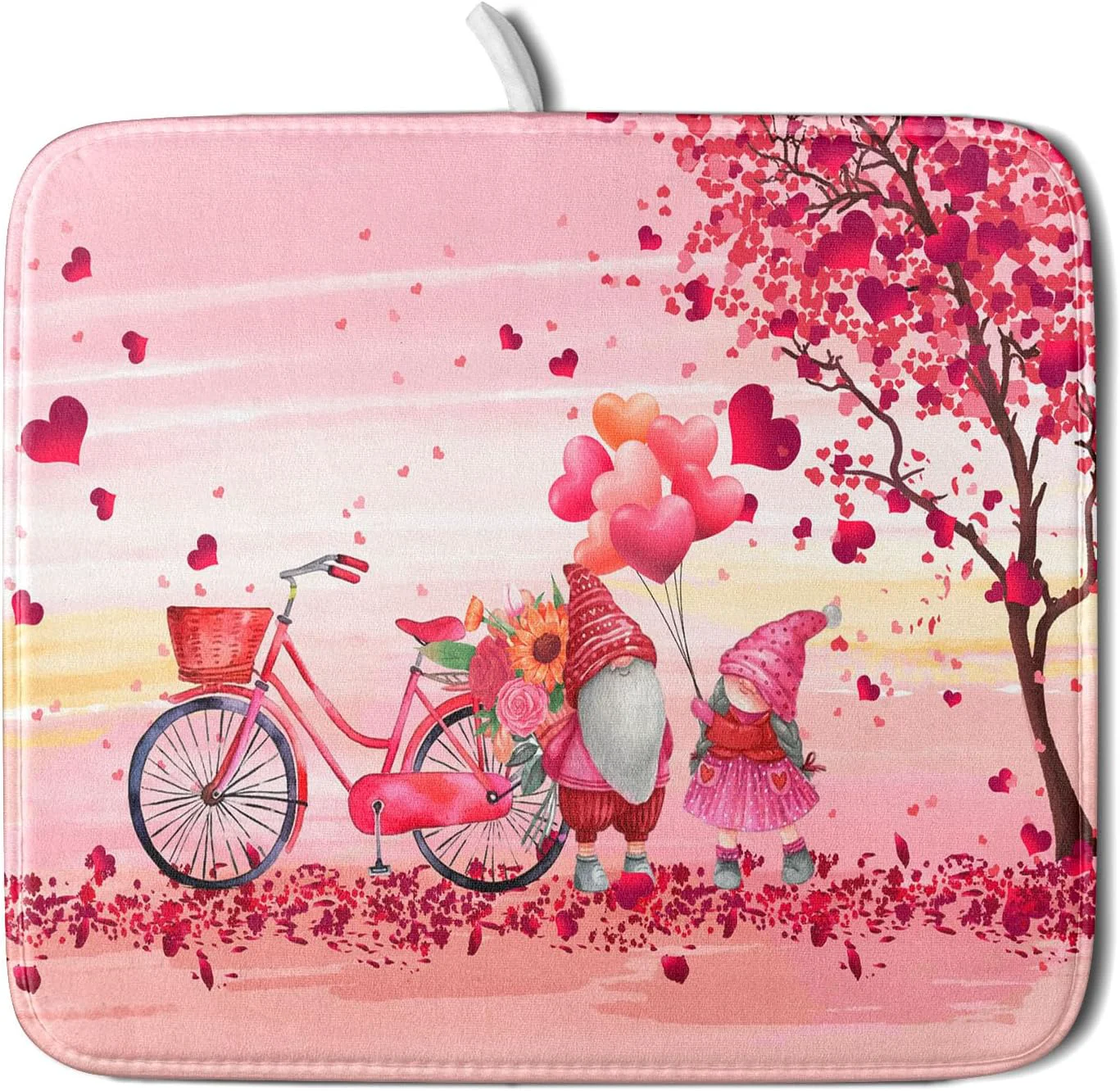 Authentic Pink Heart Valentine’s Day Gnomes Dish Drying Mat for Kitchen Counter Pink Bicycle Love Tree Drying Mat 16 x 18 Inch with Absorbent Reversible Detailed