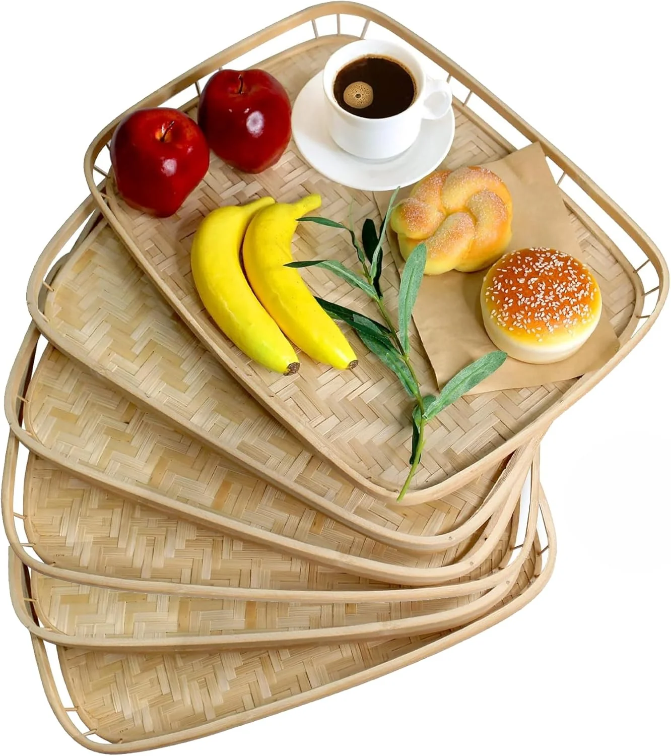 Trusted Pemar Set of 4 Bamboo Wicker Serving Trays for Foods Drinks Rectangular Breakfast Lap Trays with Handles Wooden Decorative Platters for Coffee Healthy