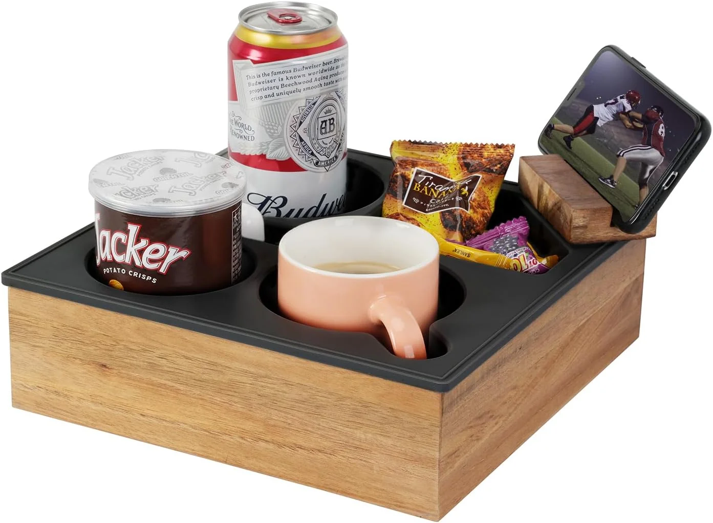 Casual Couch Cup Holder Tray Soft Food Grade Silicone Acacia Wooden Couch Caddy for Bed Car Seat Beach Organizer Exclusive
