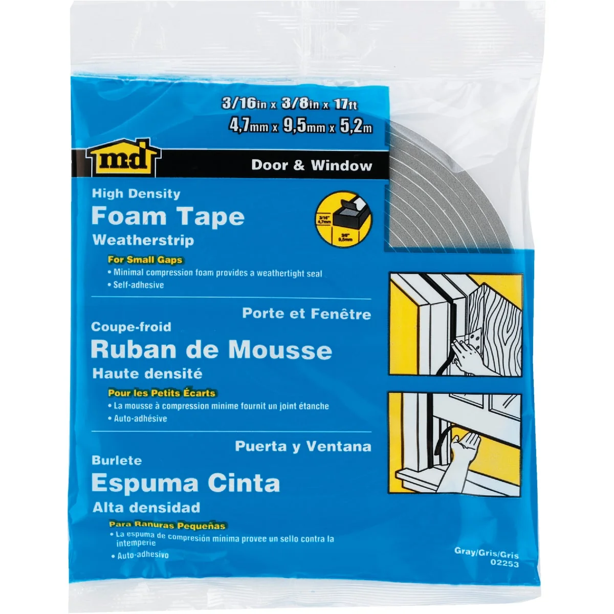 Green M-D 3 8 W x 3 16 T x 17′ L Gray Foam Closed Cell Weatherstrip Tape Convenient