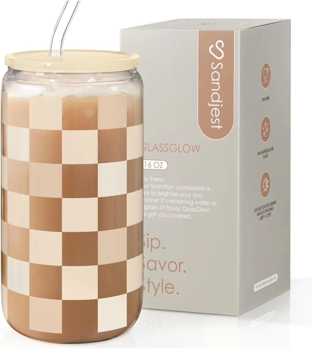 Crafted SANDJEST Checkerboard Glass Can Beige Checker Cup with Lid Straw Iced Coffee Aesthetic Cups Gift for Christmas Birthday Mother Day Gifts for Women 16oz Relaxed