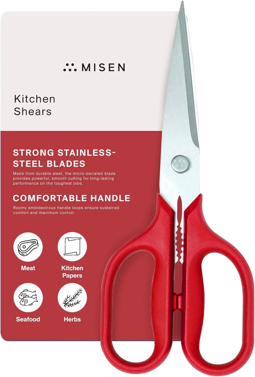 Natural Misen Heavy Duty Kitchen Shears – Versatile Scissors for Meat Poultry More – Easy Clean Professional Grade – Ambidextrous Comfort Handle – Red Fashionable