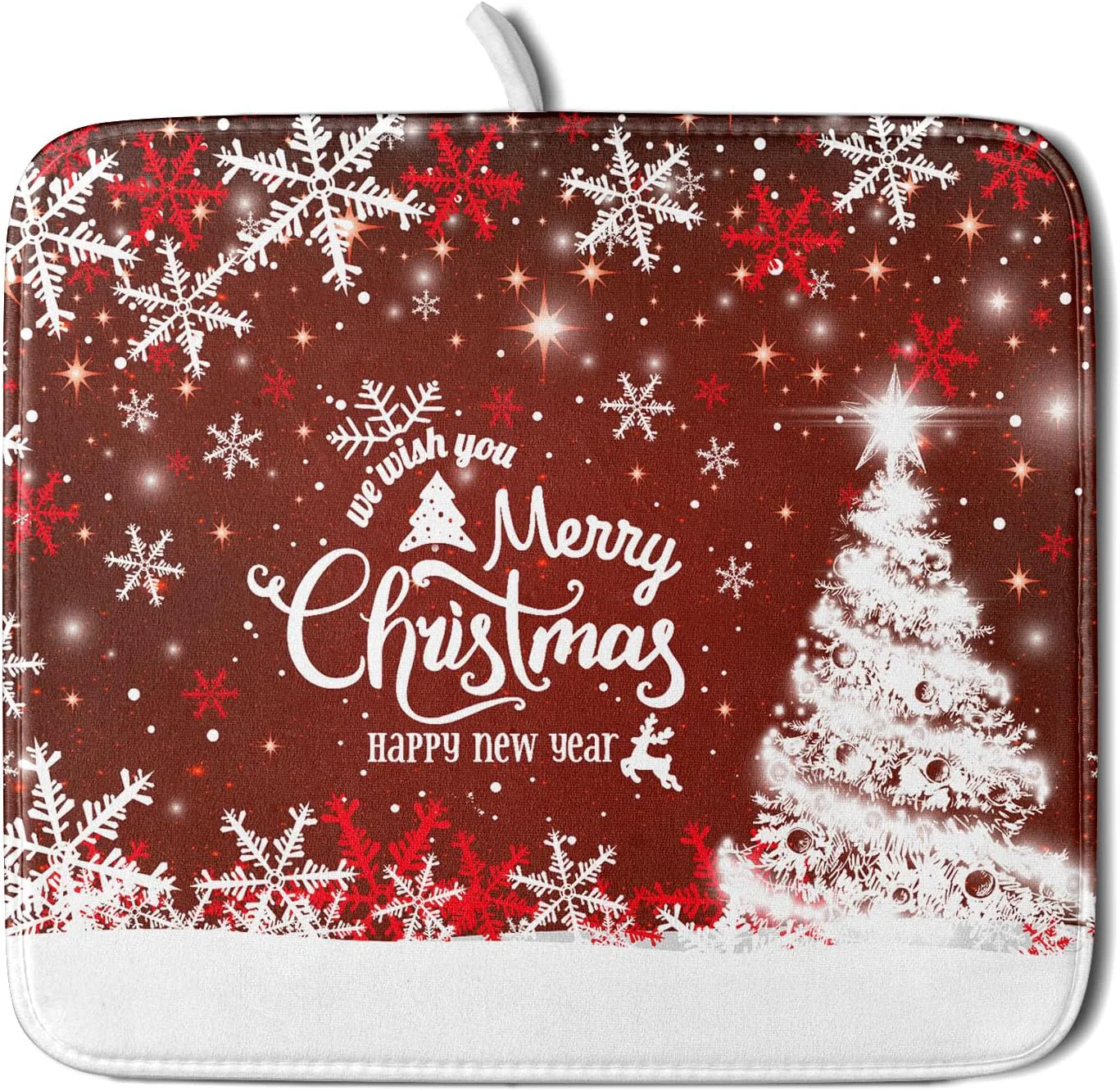 Easy-to-Use Happy New Year Red Dish Drying Mat for Kitchen Counter Merry Christmas Tree Snowflake Drying Mat 16 x 18 Inch with High Absorbent Reversible Consistent