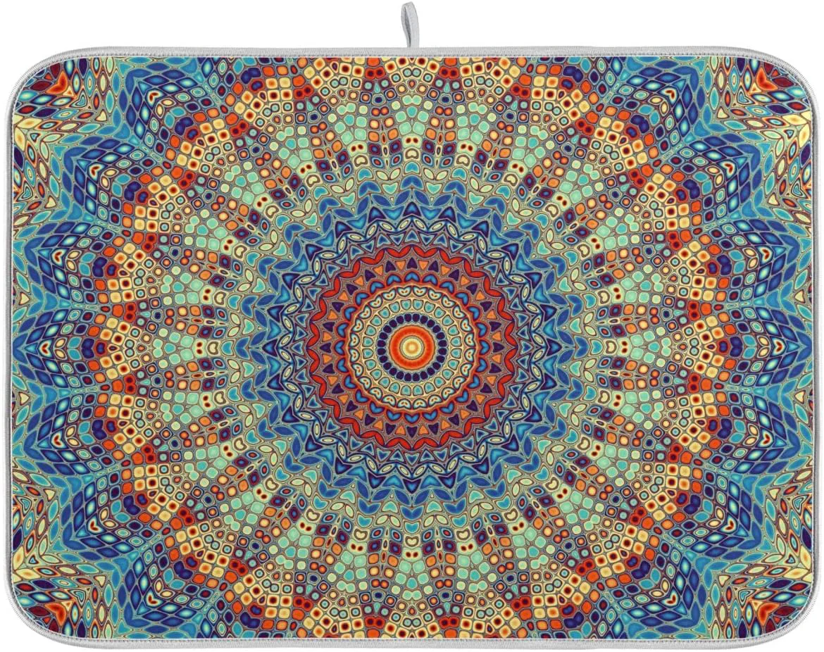 Flexible Bohemian Mandala Dish Drying Mat for Kitchen Counter Boho Ethnic Drying Mat 16 x 18 Inch with High Absorbent Reversible Microfiber Dish Drying Pad Durable