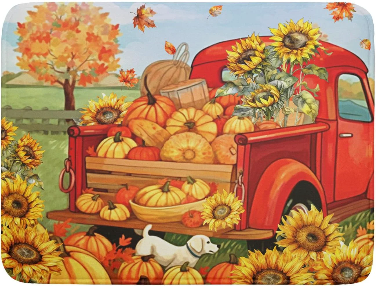 Recyclable Autumn Pumpkin Red Truck Dish Drying Mat for Kitchen Counter Fall Leaves Sunflower Cue Dog Harvest Drying Mat 18 x 24 Inch Microfiber Dish Drying Pad Lightweight