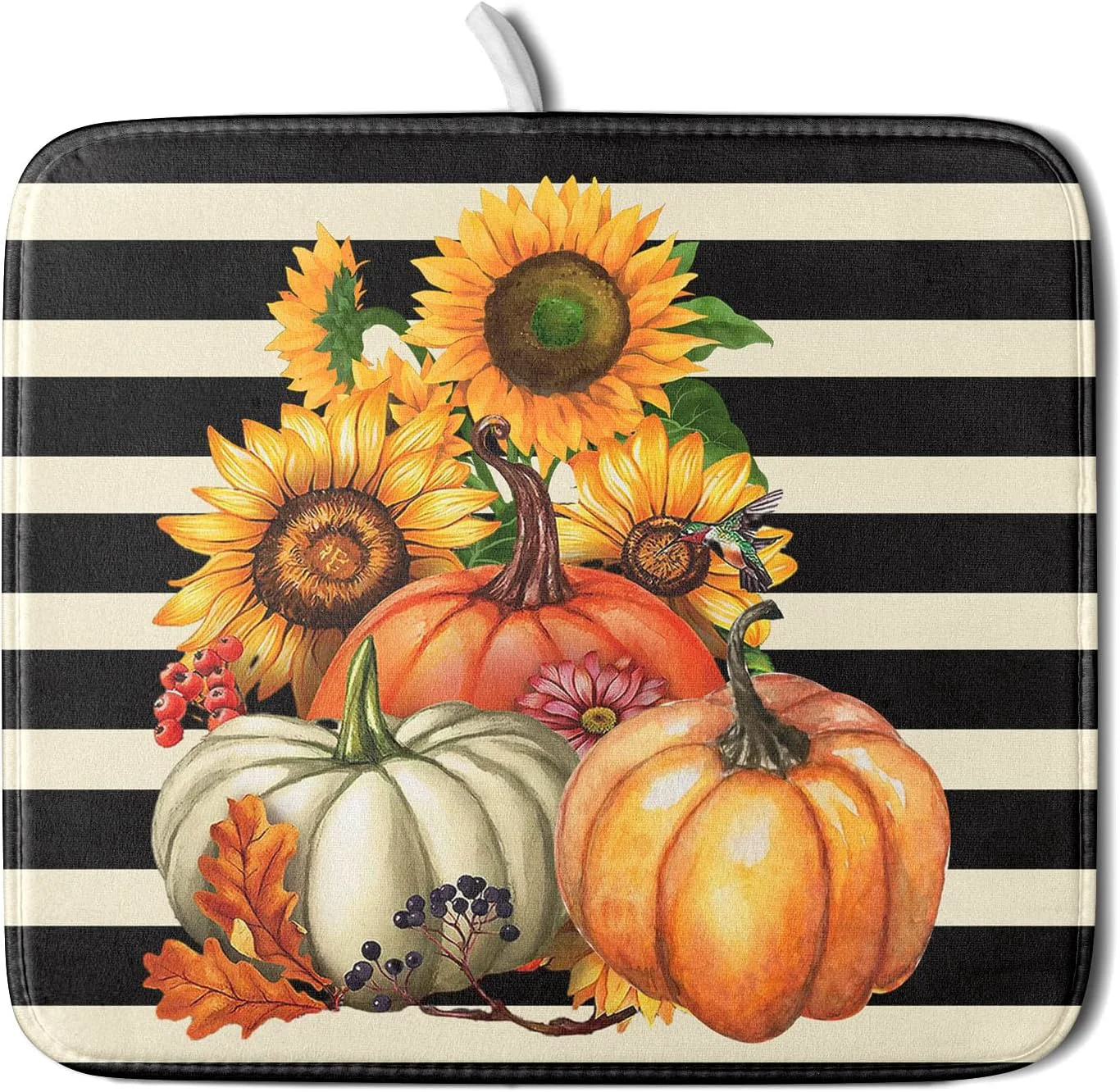 Luxury Sunflower Pumpkin Dish Drying Mat for Kitchen Counter Black and White Stripe Drying Mat 16 x 18 Inch with Absorbent Reversible Microfiber Dish Drying Sophisticated