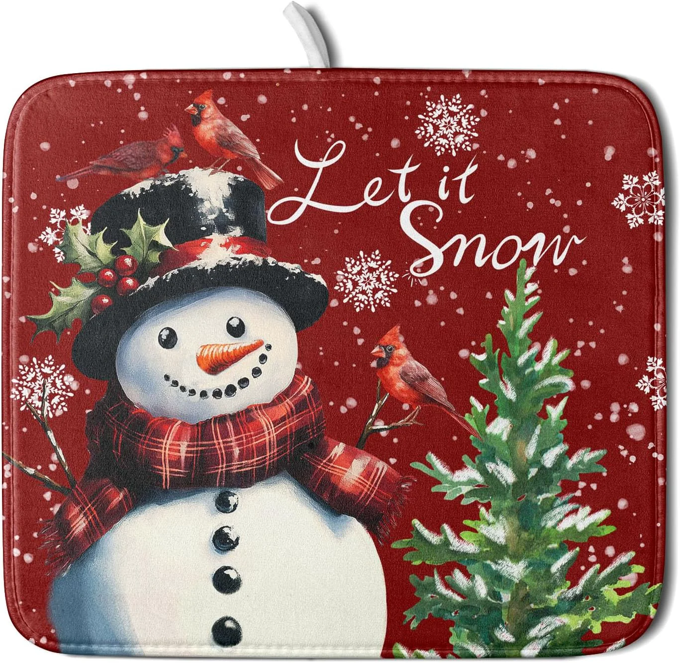 Elegant Let It Snow Winter Snowflake Red Dish Drying Mat for Kitchen Counter Xmas Trees Snowman Cardinal Bird Drying Mat 16 x 18 Inch with High Absorbent Microfiber Drainer Mat for Coffee Bar Quality