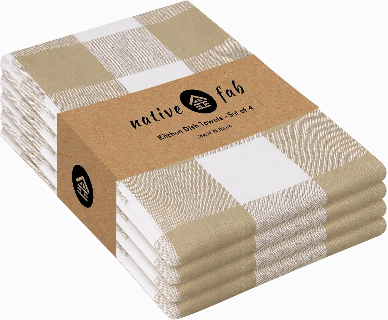 Clean Native Fab 4 Pack Buffalo Check Kitchen Towel 16 x26 – Cotton Dish Towels Washable – Absorbent Tea Towels Soft Hand Towel with Hanging Loop Dish Cloth Set – Beige White Elegant