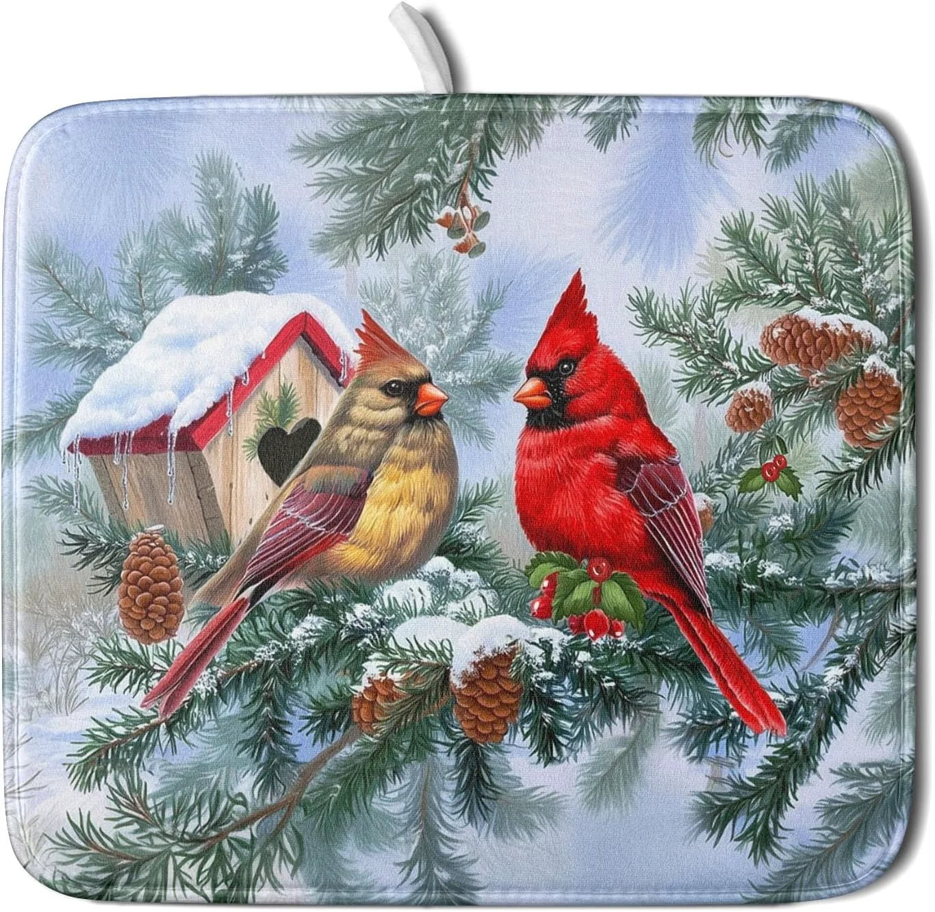 Practical Winter Red Cardinal Bird Dish Drying Mat for Kitchen Counter Holly Berry Branches Xmas Snowflake Cabin Drying Mat 16 x 18 Inch with High Absorbent Fine Crafted