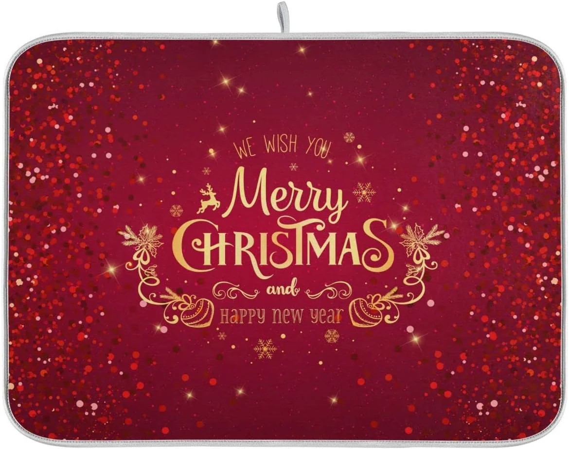 High-End Merry Christmas Drying Mat for Kitchen Counter 16×18 Inch Christmas Dish Mat with Absorbent Reversible Microfiber Christmas Dish Drying Mat Dish Organic