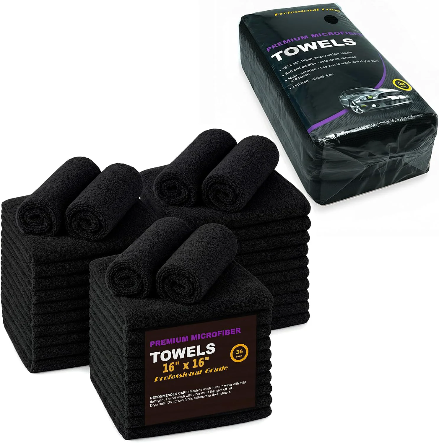High-End Black Microfiber Cleaning Towels 36-Pack Dual-Sided Ultra Soft Plush Washcloth Professional Grade Premium Microfiber Detailing Cleaning Cloths Car Household and Commercial Black 16 x 16 Trendy