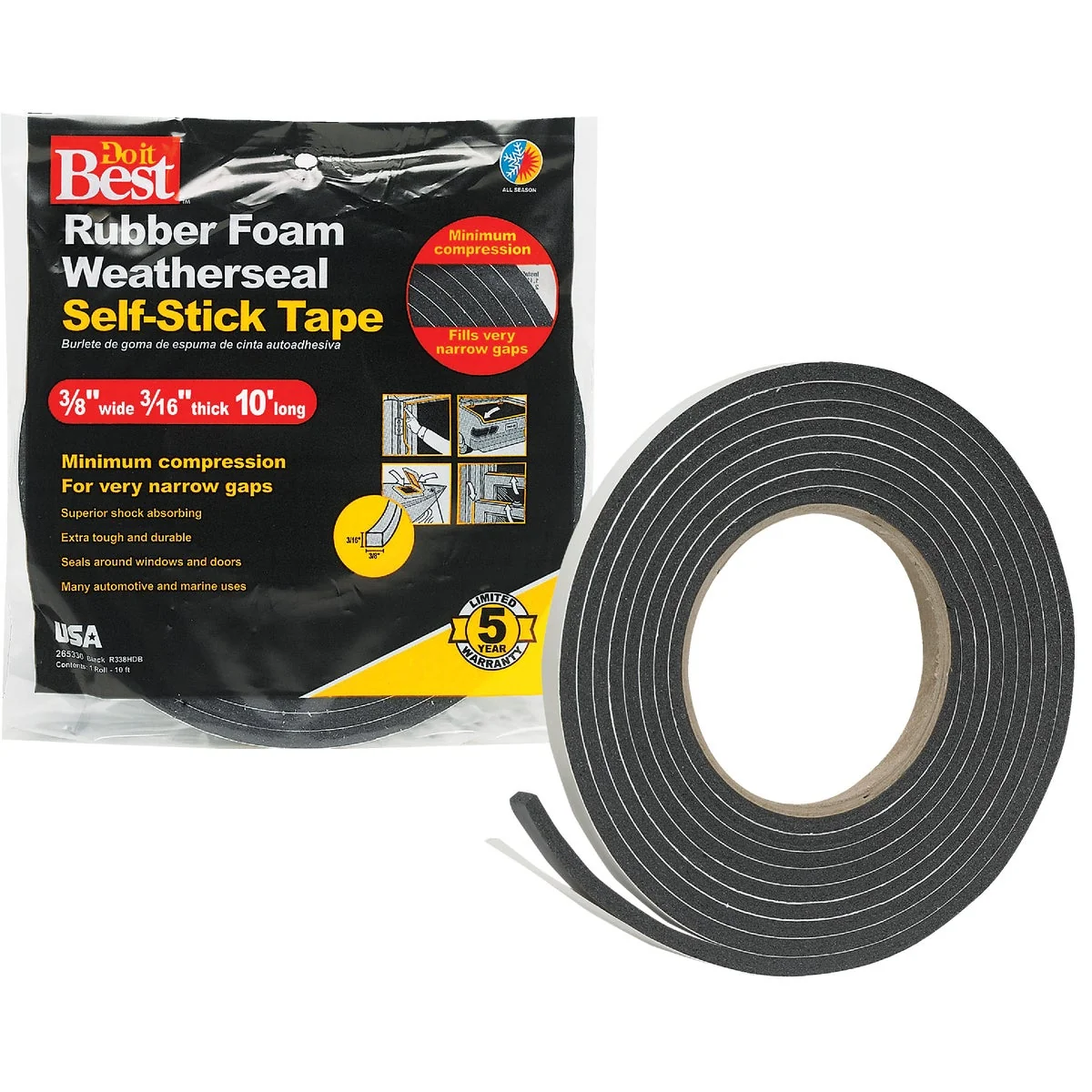 Unique Do it 3 8 W x 3 16 T x 10′ L Black Foam Weatherstrip Tape Specialty