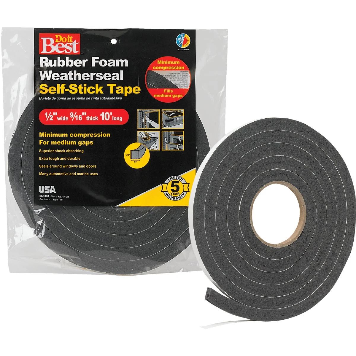 Traditional Do it 1 2 W x 9 16 T x 10′ L Black Foam Weatherstrip Tape Fine Crafted