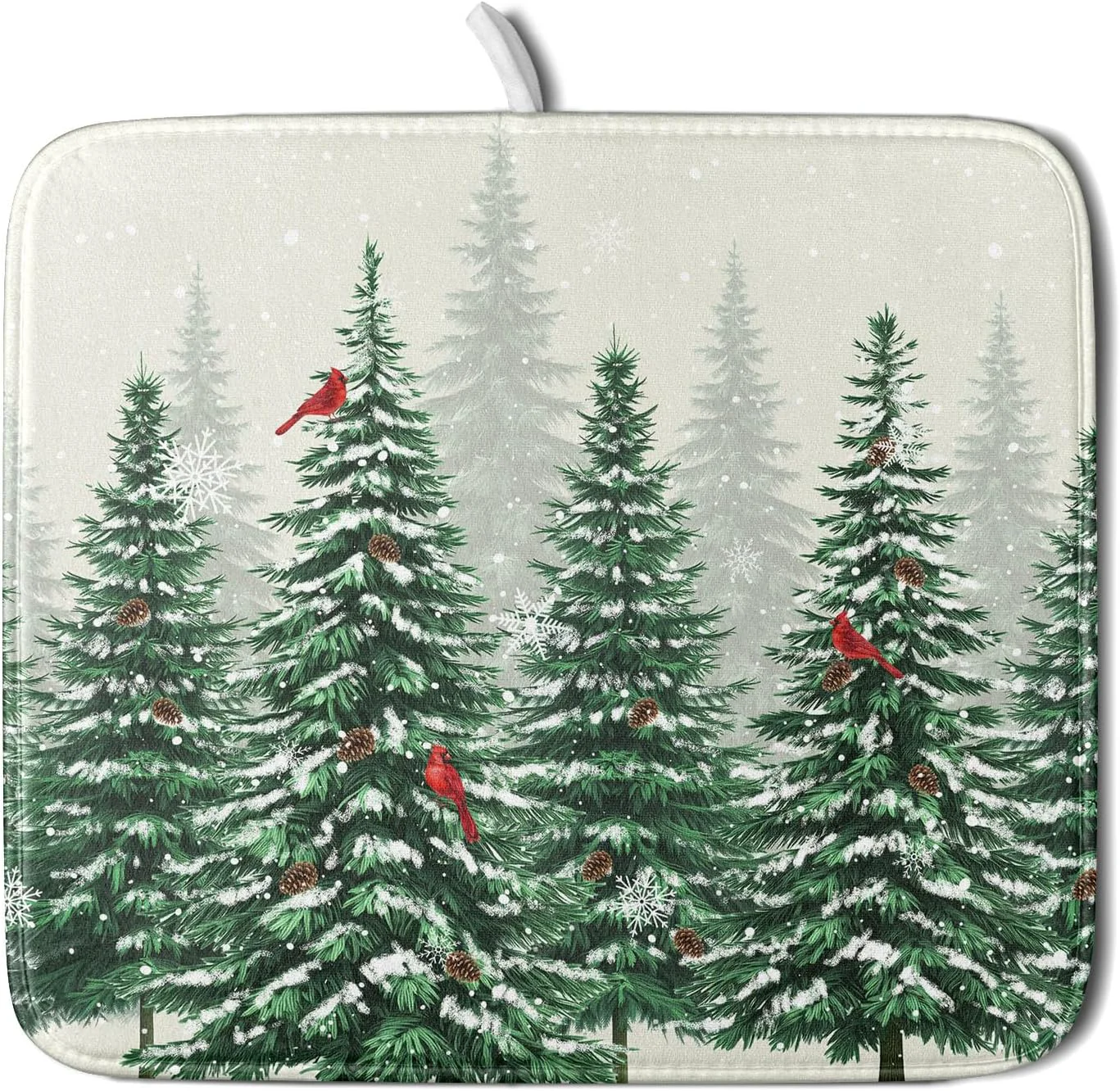 Modern Winter Green Pine Tree Dish Drying Mat for Kitchen Counter Red Bird Snowflake Drying Mat 16 x 18 Inch with High Absorbent Microfiber Drainer Mat for Coffee Bar Elite