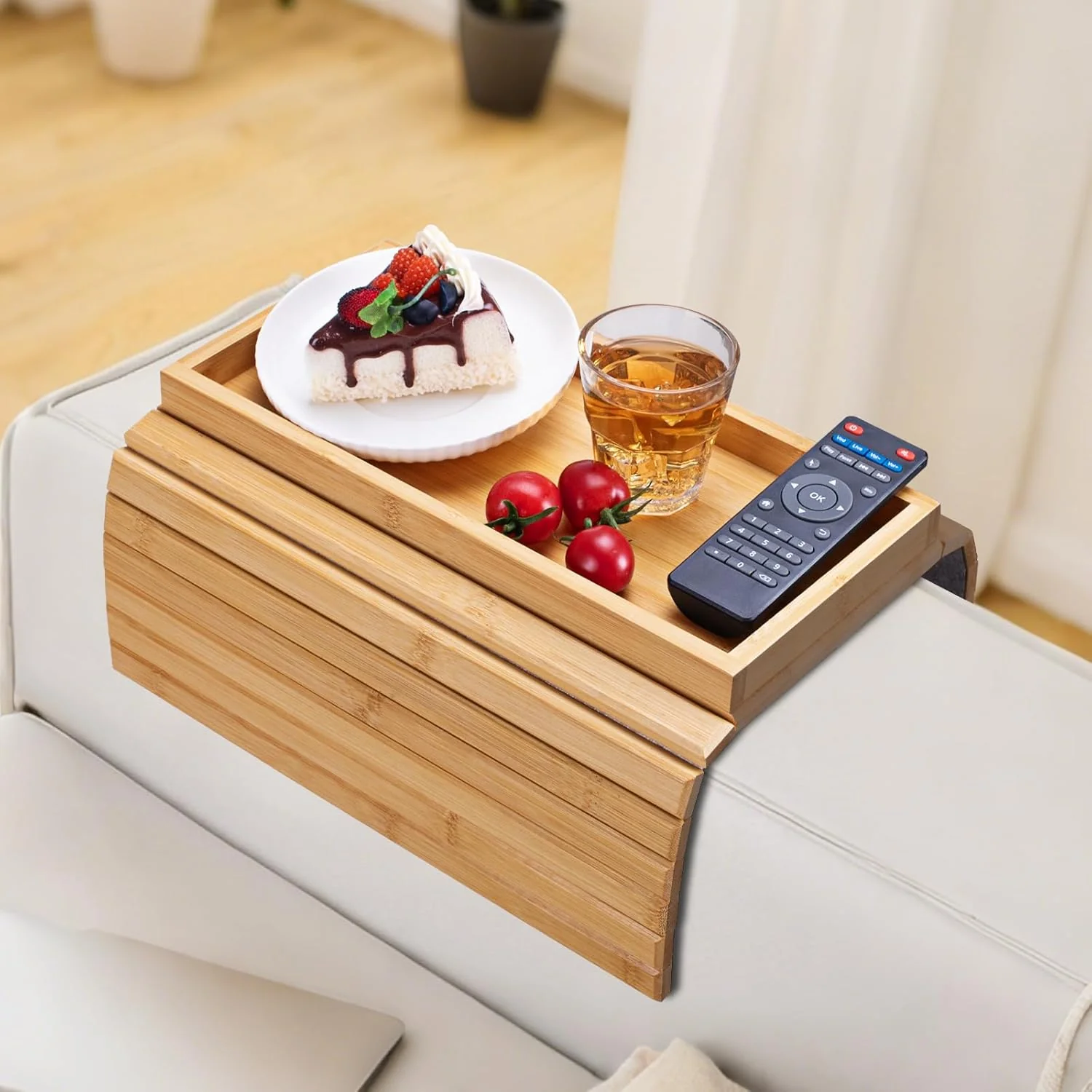 Excellent Bamboo Sofa Arm Tray Foldable Couch Arm Tray Anti-Slip Armrest Cup Holder For Couch For Drinks Snacks Phone Remote Organic