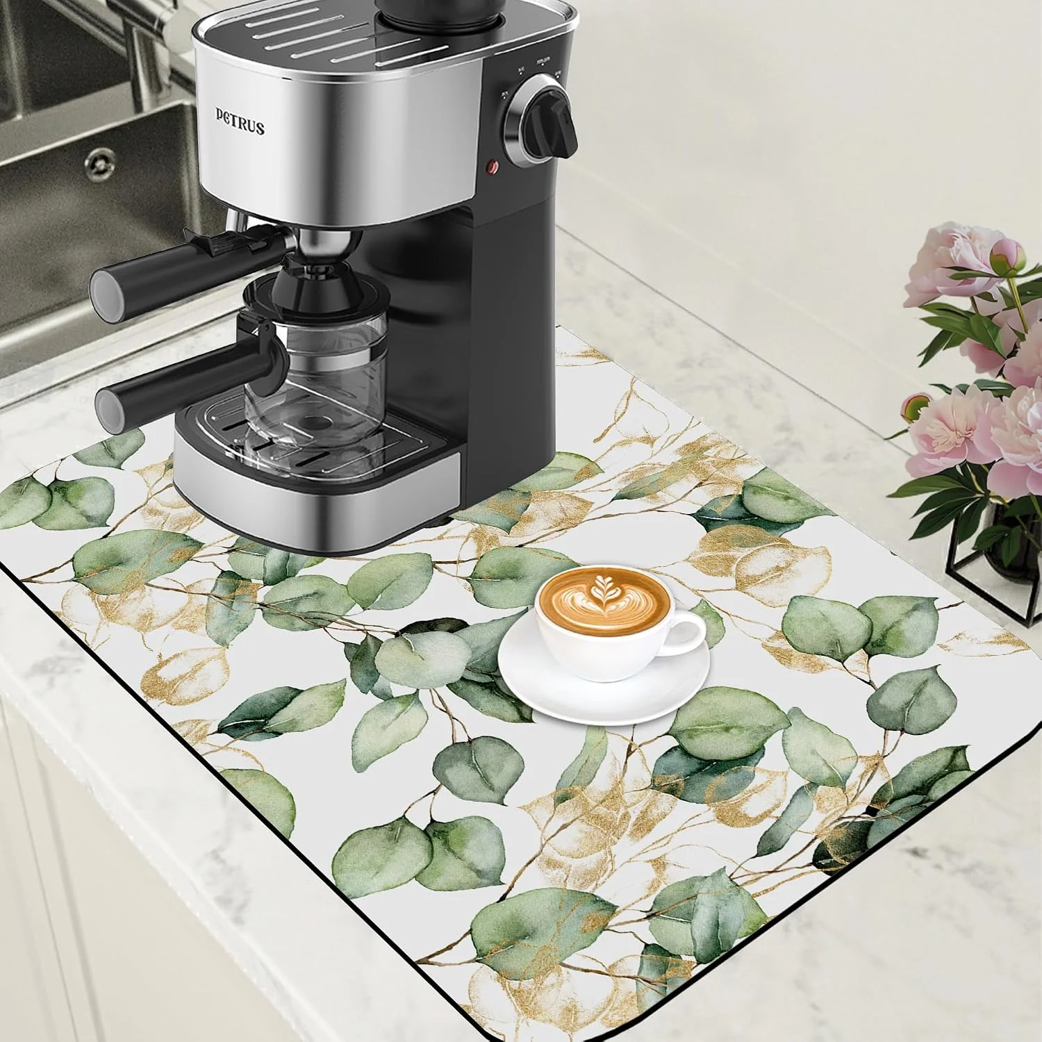 Eco-Friendly Gold and Green Eucalyptus Leaf Dish Drying Mat for Kitchen Counter Coffee Bar Mat Hide Stain Absorbent Rubber Backed Dish Drainer Rack Pad Coffee Pot Espresso Machine Accessories 15.7 x 23.6 Inch Elegant