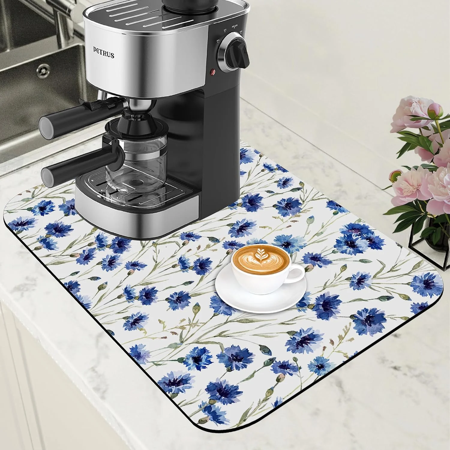 User-Friendly Watercolor Blue Cornflower Dish Drying Mat for Kitchen Counter Floral Coffee Bar Mat Hide Stain Absorbent Rubber Backed Drying Rack Pad Coffee Pot Espresso Machine Table Accessories 11.8 x 19.7 Inch Carefully Designed