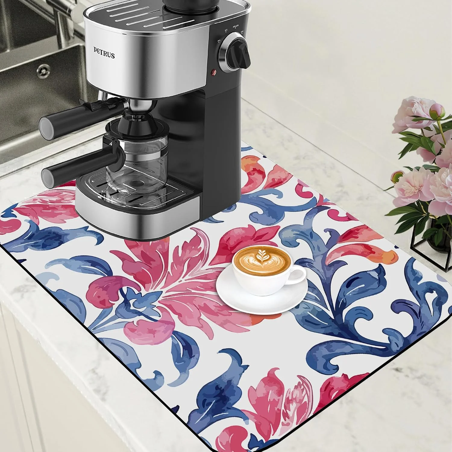 Innovative Blue and Pink Damask Coffee Mat Absorbent Dish Drying Mat for Kitchen Counter Hide Stain Coffee Bar Accessories with Rubber Backed Fit Under Espresso Machine Cafe Table 15.7 x 23.6 Inch Verified