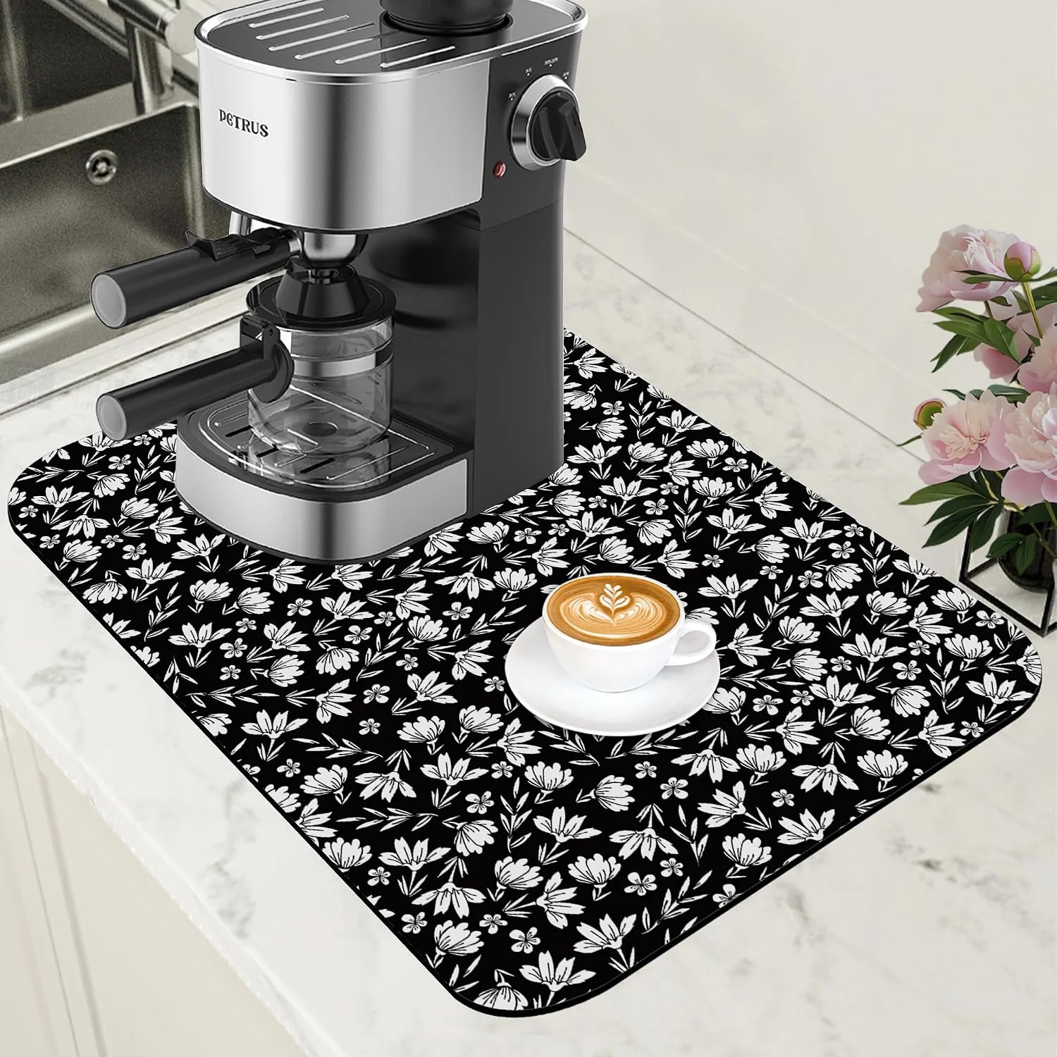 Fast Black and White Flowers Dish Drying Mat for Kitchen Counter Coffee Bar Mat Hide Stain Absorbent Rubber Backed Drying Rack Pad Espresso Machine Coffee Bar Accessories 11.8 x 19.7 Inch Excellent