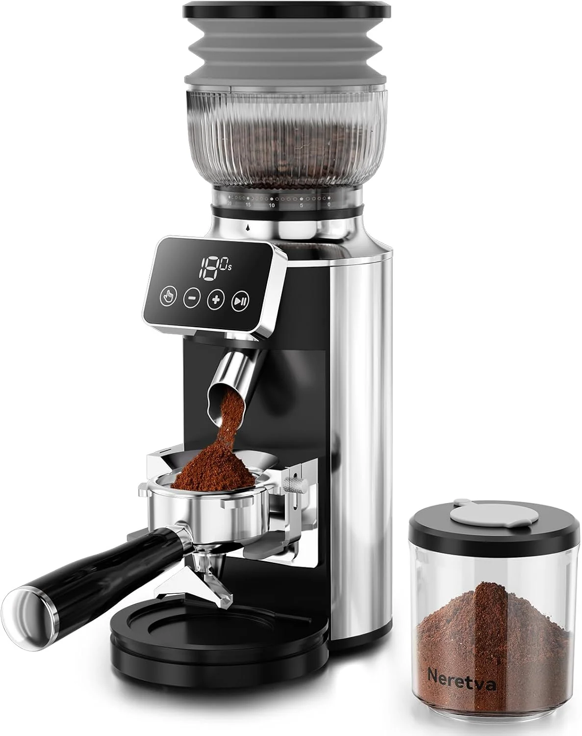 Carefully Designed Neretva Stainless Steel Espresso Grinder with Portafilter Holder Silver 2 IN 1 Use Espresso Burr Grinder with 30 Grind Settings Anti-Static Coffee Grinder for Espresso French Press Drip Siphon Innovative