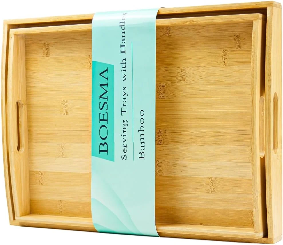 Relaxed Set of 2 Bamboo Serving Tray with Handles Decorative Wooden Tray for Breakfast Dinner Coffee Table – Portable Bamboo Tray for Ottoman Kitchen Expertly Made