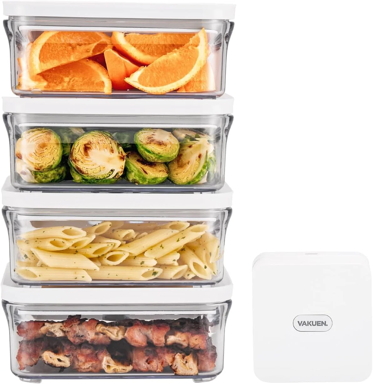 Enhanced Vakuen Premium Airtight Food Storage Container. Meal Prep 0.85qt 5pc Set. 4pcs Container and Vacuum Sealer. Patented Double Silicone Lining Exclusive