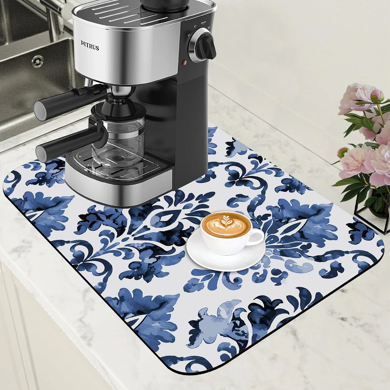Trusted Blue Damask Flower Dish Drying Mat for Kitchen Counter Bar Mat Hide Stain Absorbent Rubber Backed Coffee Maker Espresso Machine Bar Accessories 11.8 x 19.7 Inch Comfortable