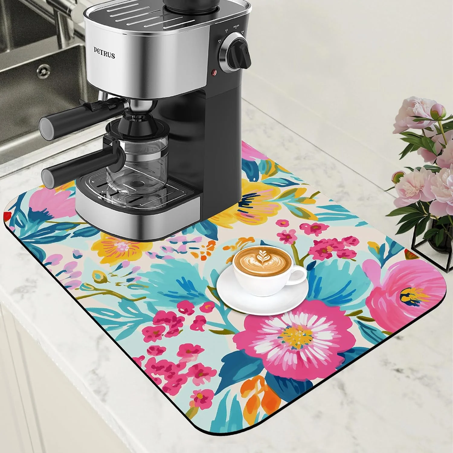 High-Performance Watercolor Floral Dish Drying Mat for Kitchen Counter Coffee Bar Mat Hide Stain Absorbent Rubber Backed Coffee Maker Espresso Machine Accessories 11.8 x 19.7 Inch Solid