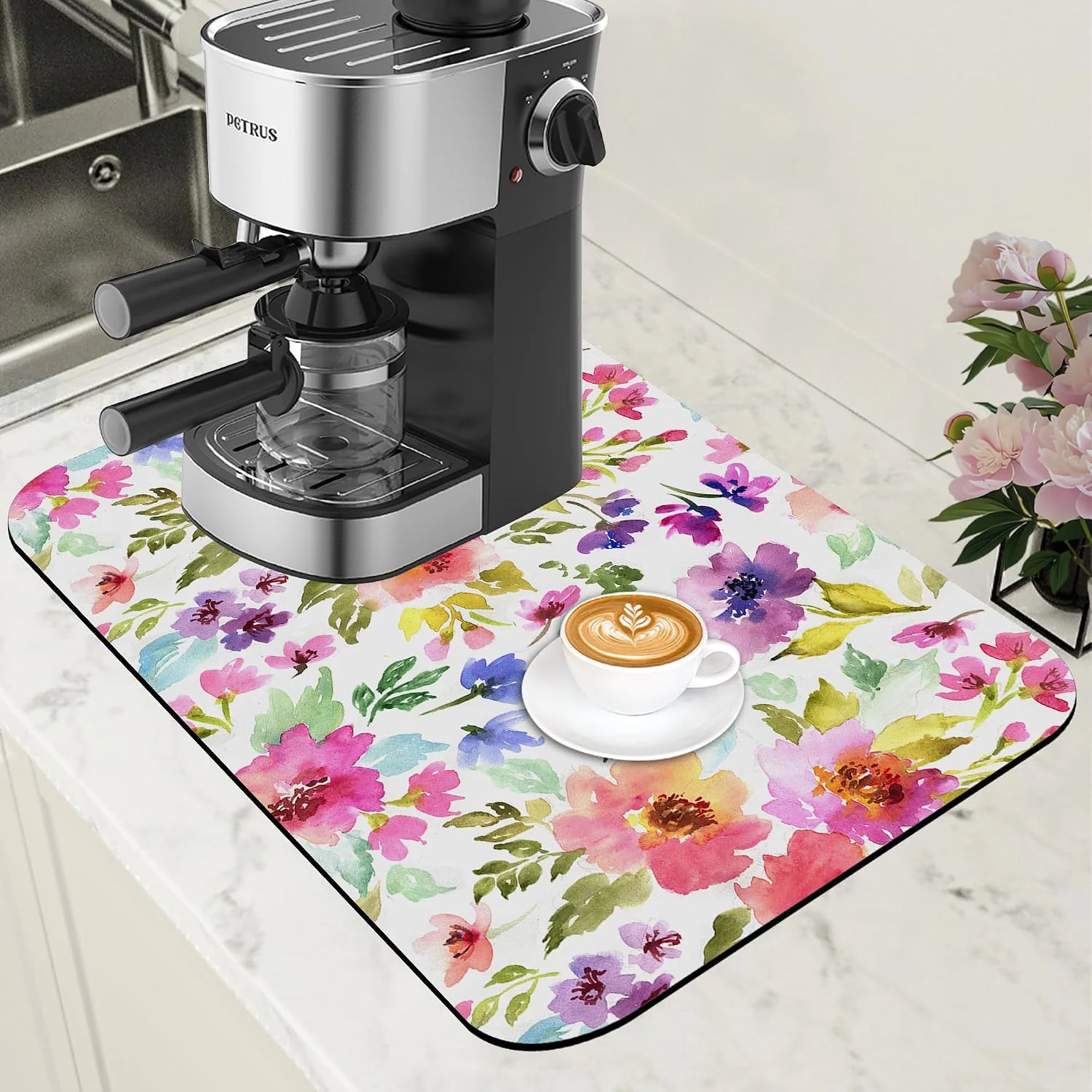 Sustainable Floral Watercolor Dish Drying Mat Colorful Flowers Coffee Bar Mat for Countertop Hide Stain Rubber Backed Absorbent Dish Drainer Rack Pad Coffee Pot Espresso Machine Dining Room Decor 11.8 x 19.7 Inch Consistent