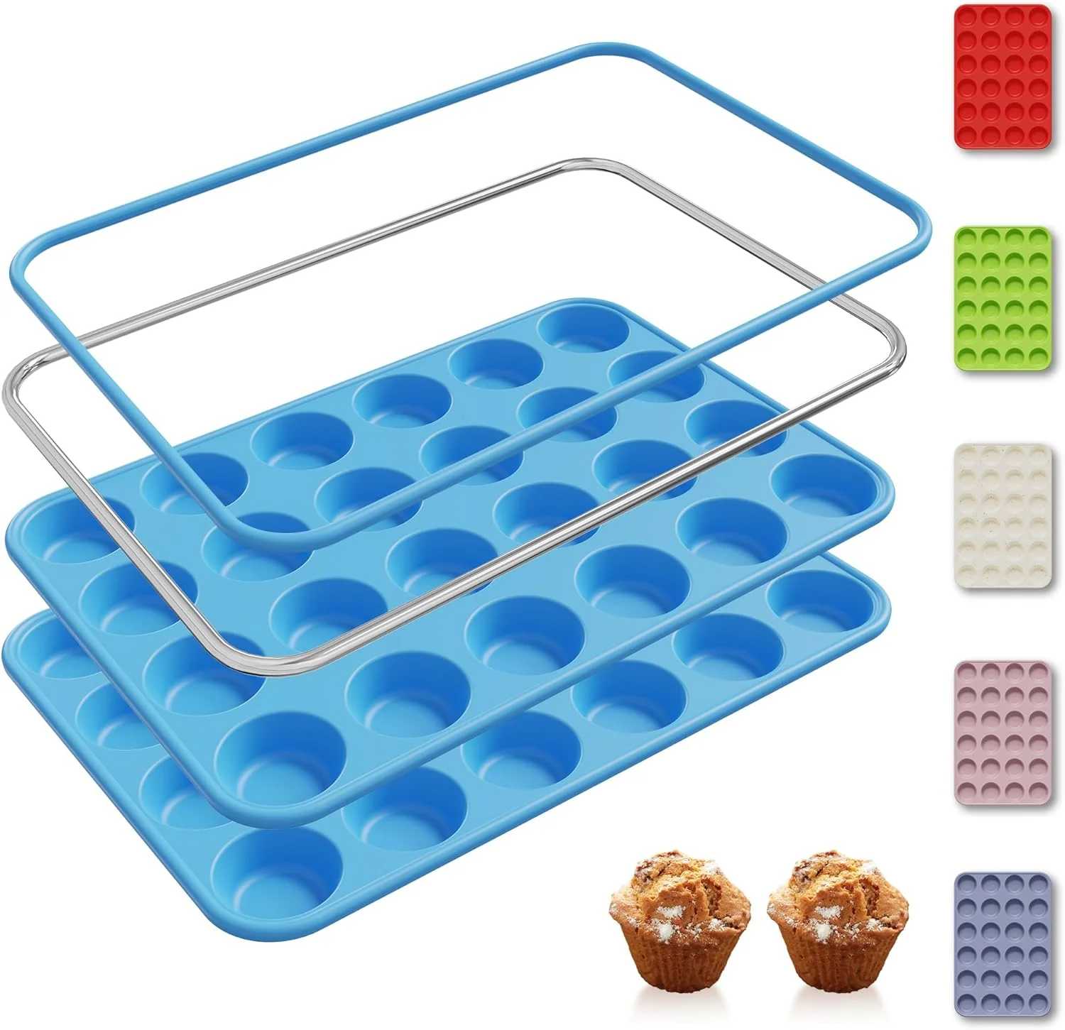 Trusted 2 Pack 24 Cups Silicone Mini Muffin Pan with Metal Reinforced Frame Silicone Molds Cupcake Pans Tray Egg Bites Circle Cookie Molds Muffin Tin Tart Pans Baking Sheet Set for Breakfast Sandwiches Responsible