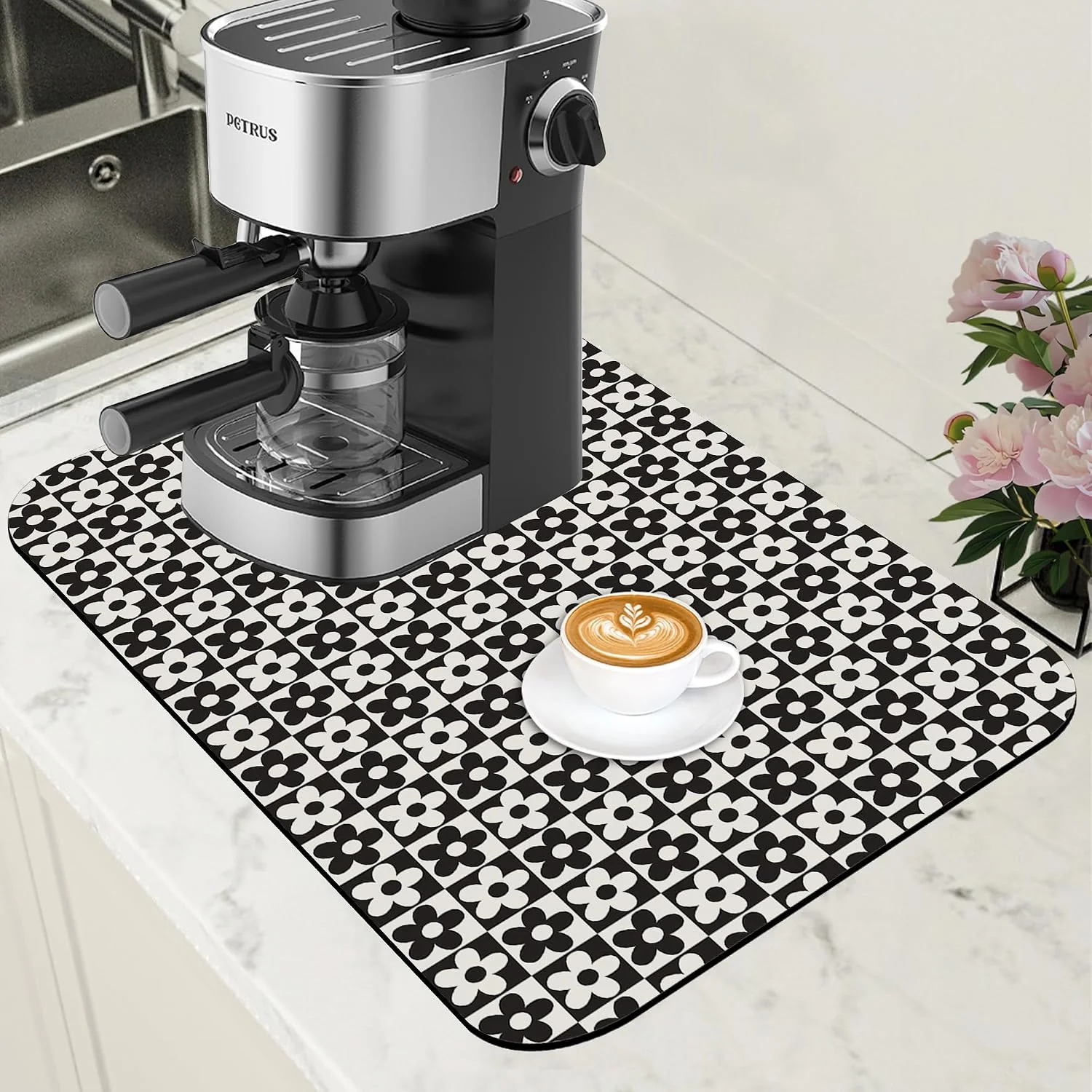 Crafted Black and White Checkered Flower Dish Drying Mat for Kitchen Counter Absorbent Coffee Bar Mat with Hide Stain Rubber Backed Coffee Maker Espresso Machine Cafe Table Accessories 11.8 x 19.7 Inch Breathable