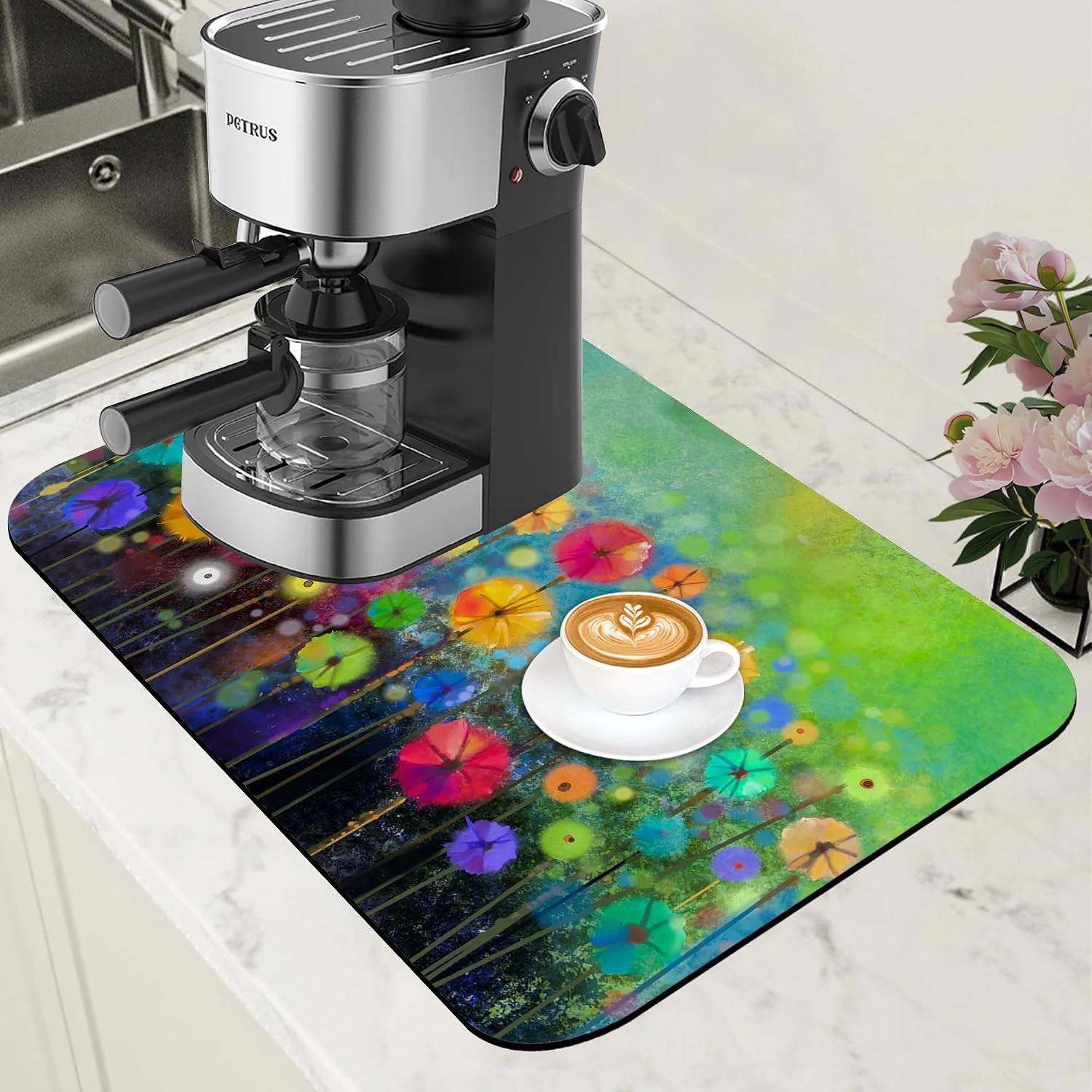 Long-Lasting Dish Drying Mat Watercolor Rainbow Dandelion Coffee Bar Mat for Countertop Absorbent Hide Stain Rubber Backed Dish Drainer Rack Pad Espresso Machine Dining Room Decoration 11.8 x 19.7 Inch Modern
