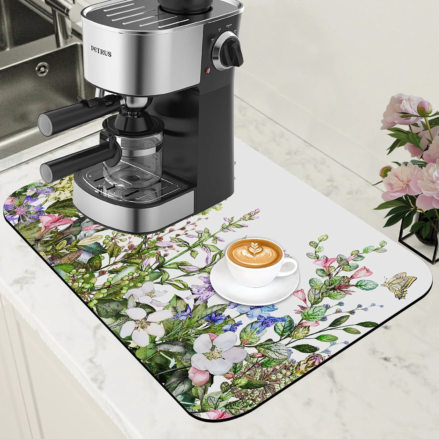 Outstanding Watercolor Flower and Butterfly Dish Drying Mat for Kitchen Counter Absorbent Coffee Mat with Hide Stain Rubber Backed Espresso Machine Coffee Bar Accessories 11.8 x 19.7 Inch Reusable
