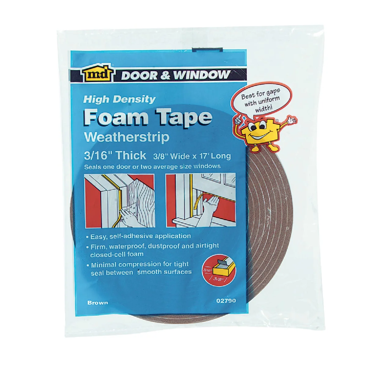 Easy-to-Use M-D 3 8 W x 3 16 T x 17′ L Brown Foam Weatherstrip Tape Practical
