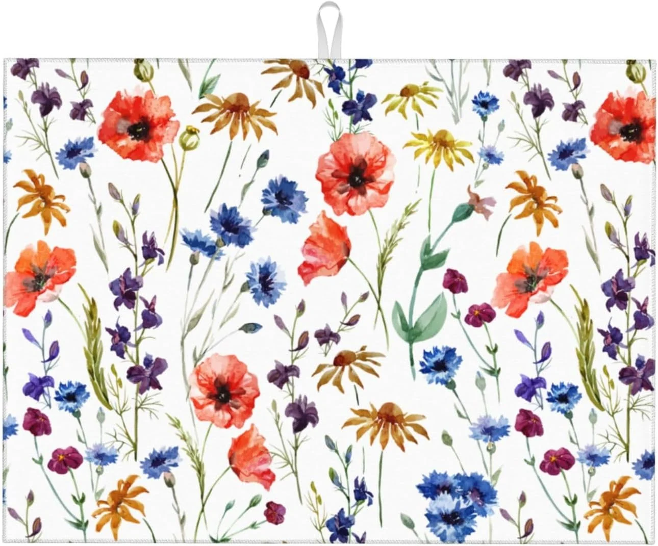Elite Spring Wildflowers Dish Drying Mats for Kitchen Counter Watercolor Poppy Cornflower Drying Rack Pad Ultra Absorbent Microfiber Dish Mat for Coffee Countertop Decor 18×24 Inch Green